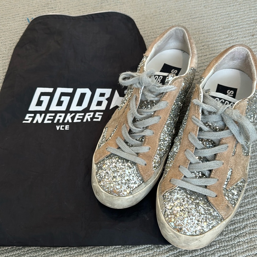 Golden goose silver glitter/tan suede superstars. Size 38